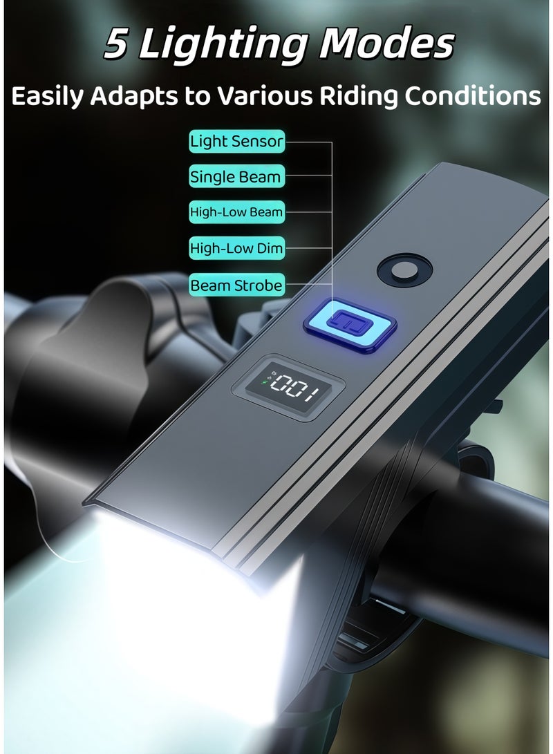 شو وو طقم إضاءة للدراجة، مصباح أمامي + مصباح خلفي للدراجات الجبلية والطرق، وضع ليلي تلقائي، شاشة عرض رقمية للبطارية، مقاوم للماء بمعيار IPX5، شحن سريع من النوع C، مصباح أمامي ومصباح خلفي، 5 أوضاع إضاءة LED فائقة السطوع، لسلامة ركوب الدراجات على الطرق/الجبال/ليلاً، لجميع أنواع الدراجات (طقم إضاءة أمامي وخلفي للدراجة) - Image 3